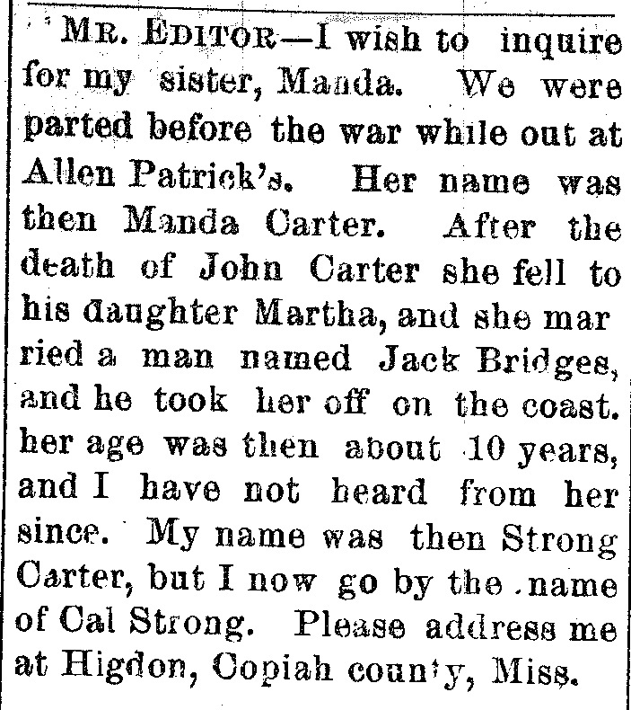 Cal Strong looking for his sister Manda Carter