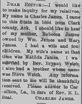 Charles James searching for his mother Rebecca James and his wife Matilda James