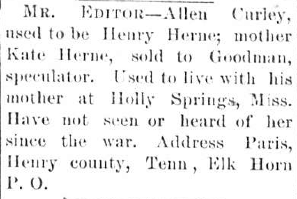 Allen Curley (formerly Henry Herne) seeking his mother Kate Herne