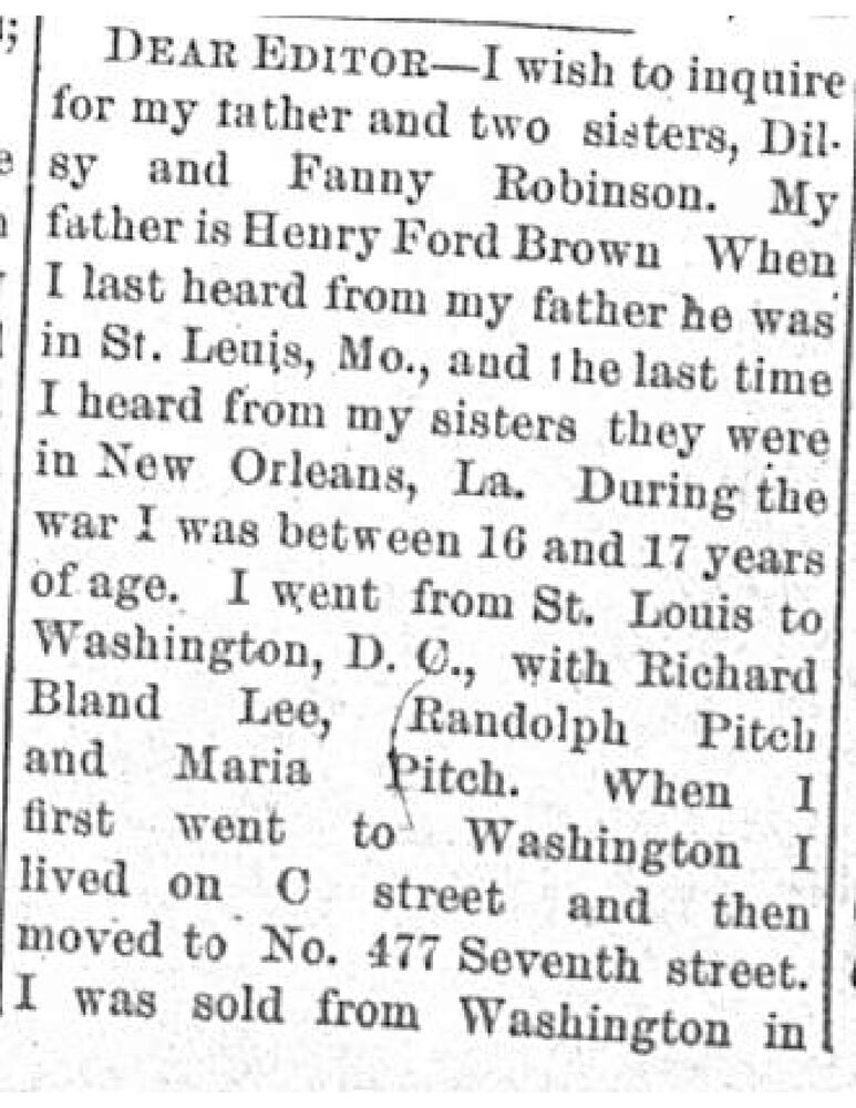 Mrs. Louisa Thomas searching for her father Henry Ford Brown and her sisters Dilsy and Fanny Robinson