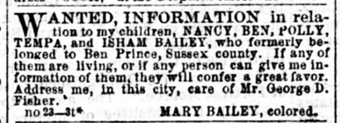 Mary Bailey searching for her children Nancy, Ben, Polly, Tempa, and Isham Bailey