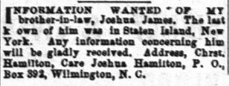 Chrst. Hamilton looking for their brother-in-law Joshua James