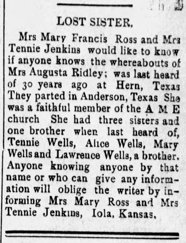 Mrs. Mary Francis Ross and Mrs. Tennie Jenkins searching for their sister Mrs. Augusta Ridley