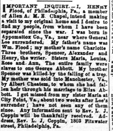 Henry Flood searching for his parents Wm. and Charlotte Flood, and his siblings Alexander, Maria, Louisa, Ann, and Rose 