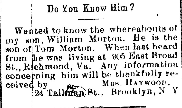 Mrs. Haywood seeking the whereabouts of her son William Morton