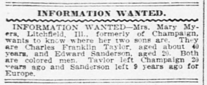 Mrs. Mary Myers searching for her two sons Charles Franklin Taylor and Edward Sanderson