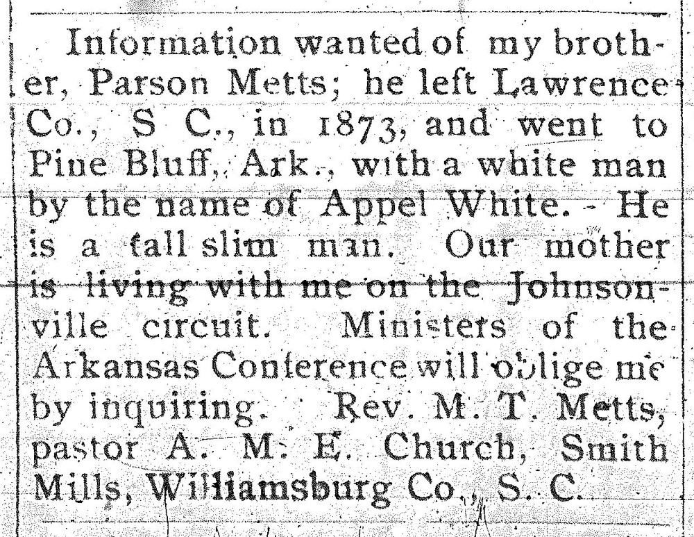 Rev. M. T. Metts searching for his brother Parson Metts