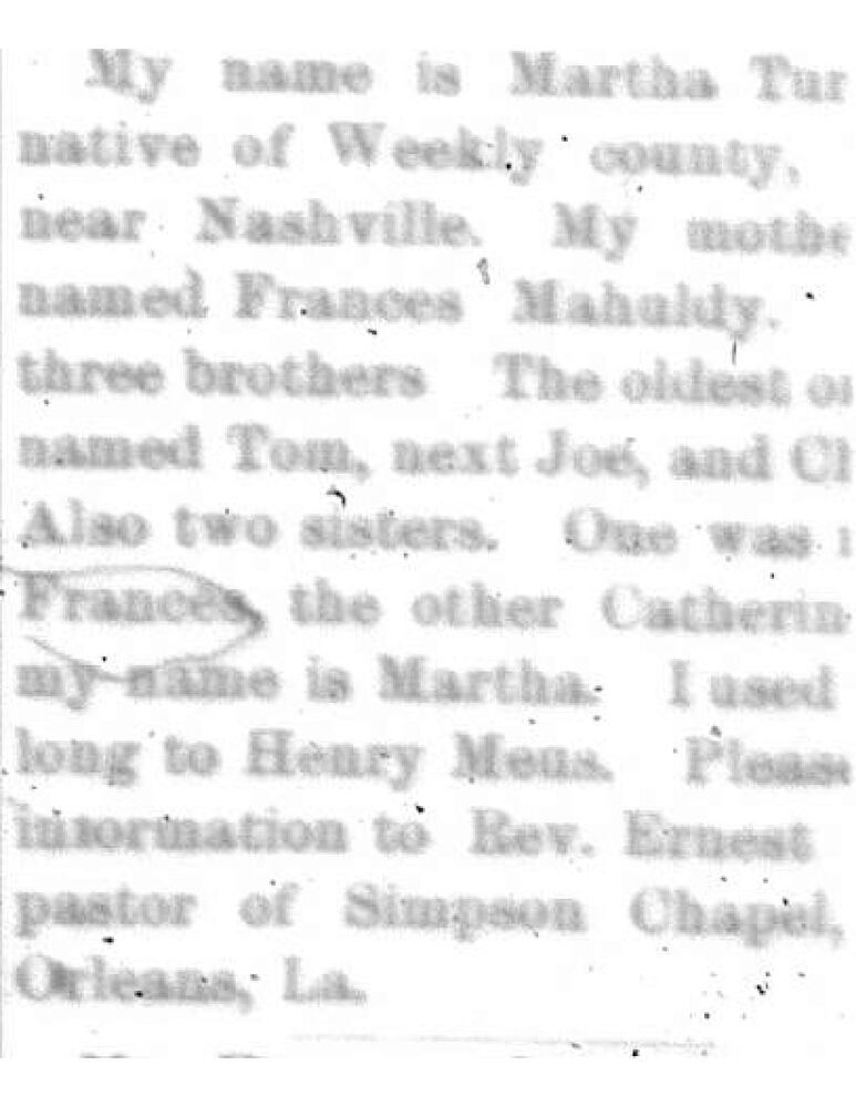 Martha Turner searching for her mother Frances Mahuldy and her siblings