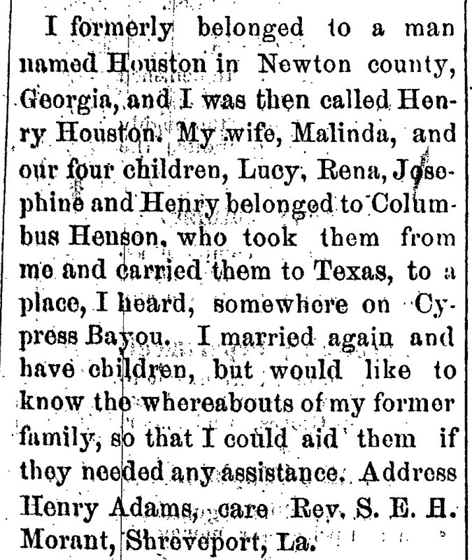 Henry Adams (formerly Henry Houston) searching for his former wife Malinda and their children Lucy, Rena, Josephine and Henry