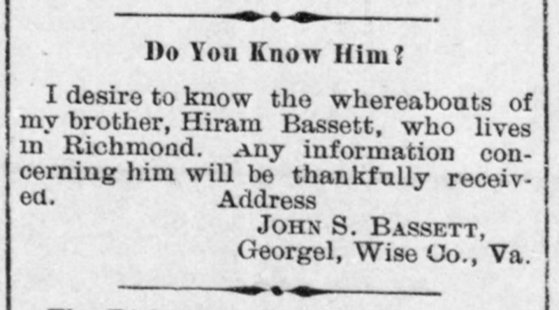 John S. Bassett searching for Hiram Bassett 