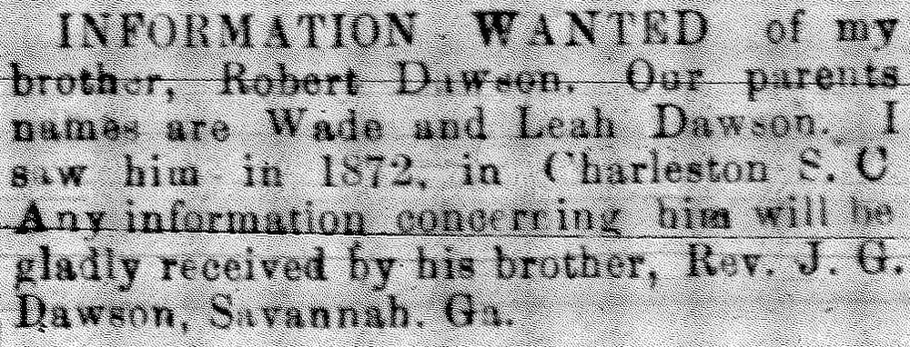 Rev. J. G. Dawson looking for his brother Robert Dawson