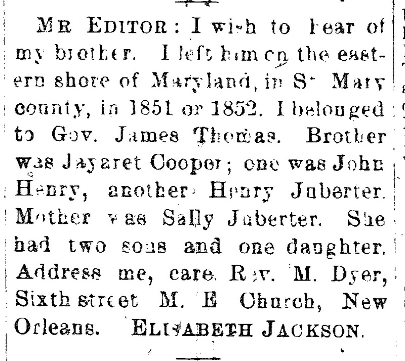 Elizabeth Jackson searching for her brothers Jayaret Cooper, John Henry, and Henry Juberter