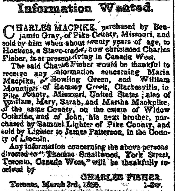 Charles Fisher (formerly Charles Macpike) searching for Maria Macpike and William Montjon and several Macpike family members