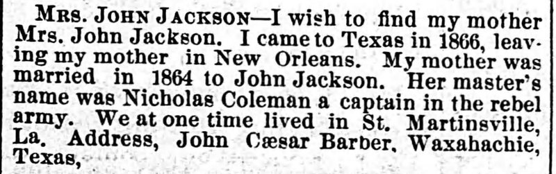 John Caesar Barber searching for his mother Mrs. John Jackson