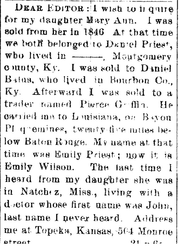 Emily Wilson (formerly Emily Priest) searching for her daughter Mary Ann