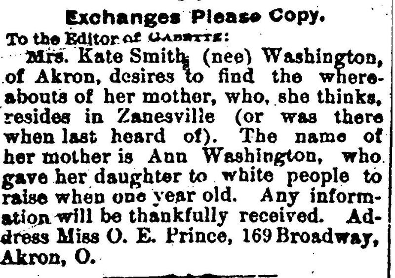 Mrs. Kate Smith (formerly Kate Washington) seeking her mother Ann Washington