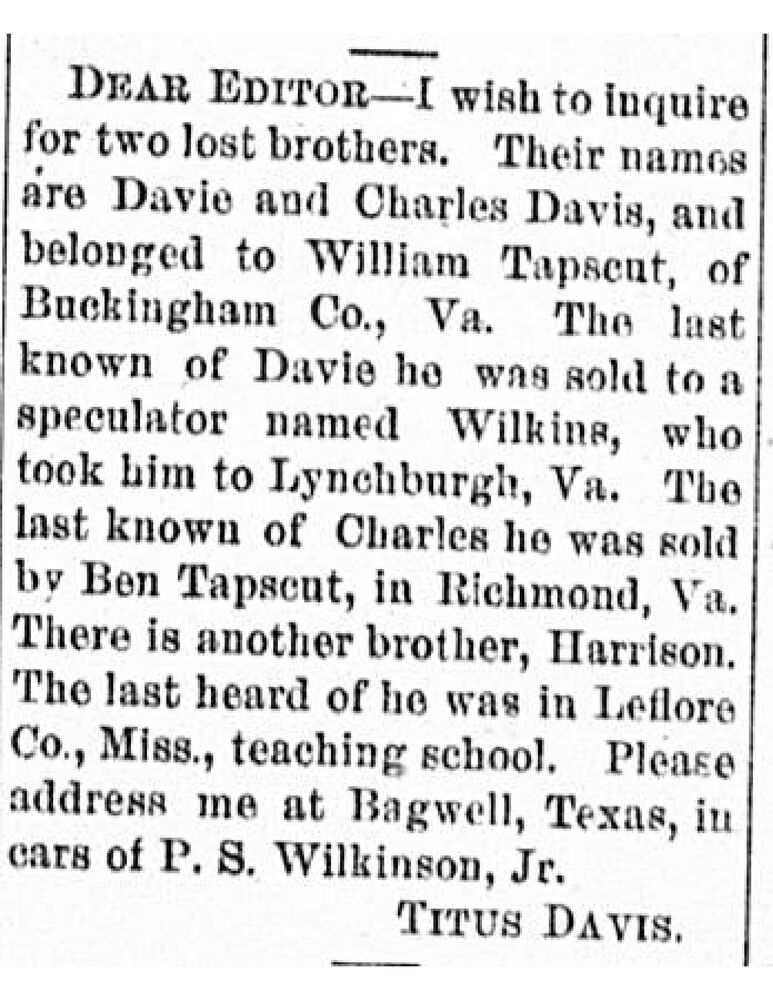 Titus Davis searching for his brothers Davie and Charles Davis