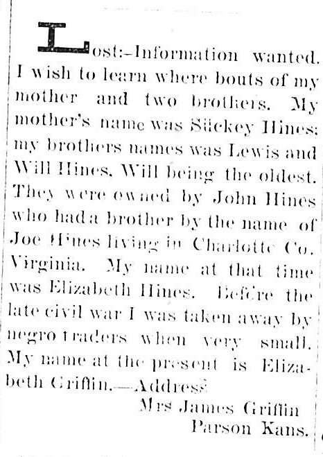 Elizabeth Griffin (formerly Elizabeth Hines) searching for her mother Suckey Hines and two brothers Lewis and Will Hines