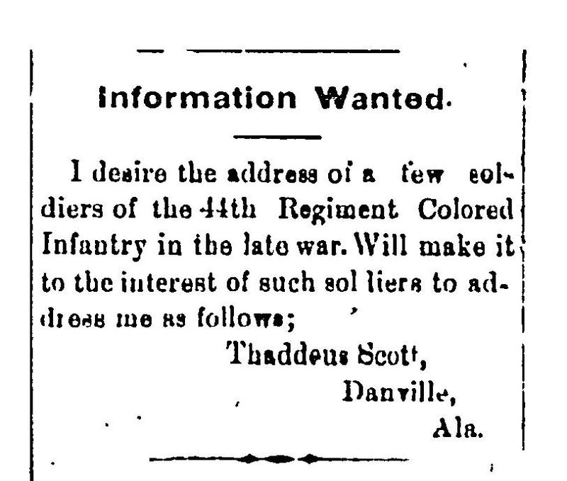 Thaddeus Scott seeking soldiers of the 44th Regiment Colored Infantry