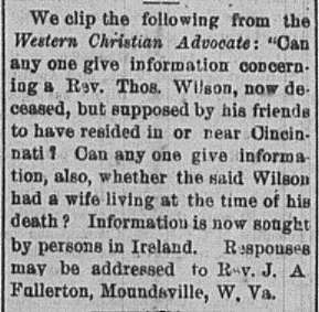 Rev. J. A. Fullerton seeking the relatives of Rev. Thomas Wilson