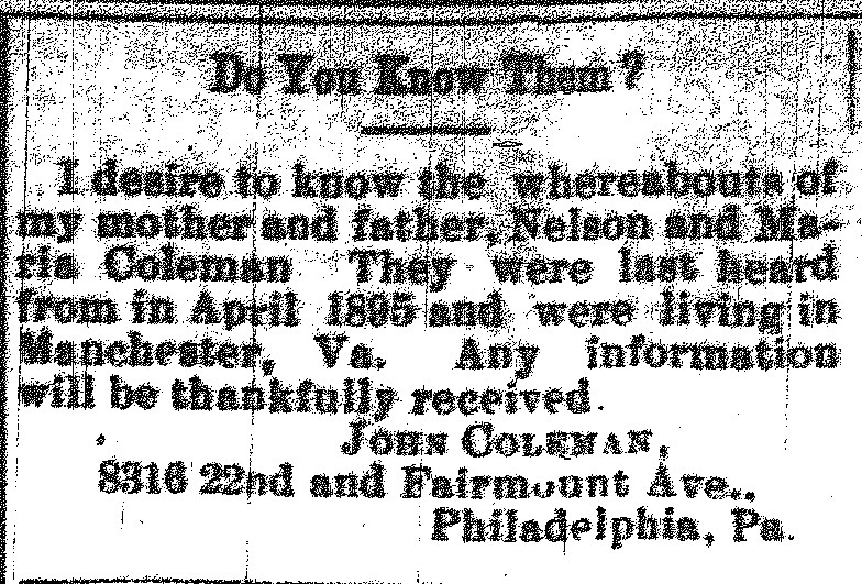 John Coleman seeking the whereabouts of his parents Nelson and Maria Coleman