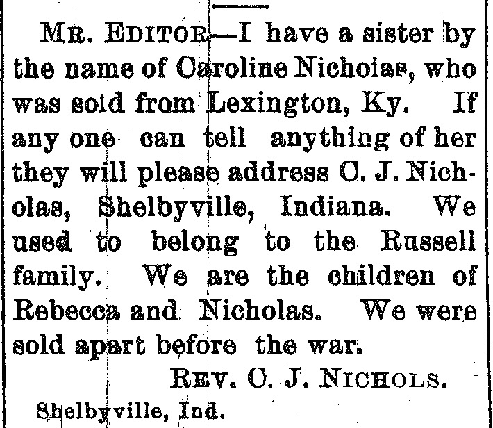 Rev. C. J. Nicholas searching for his sister Caroline Nicholas