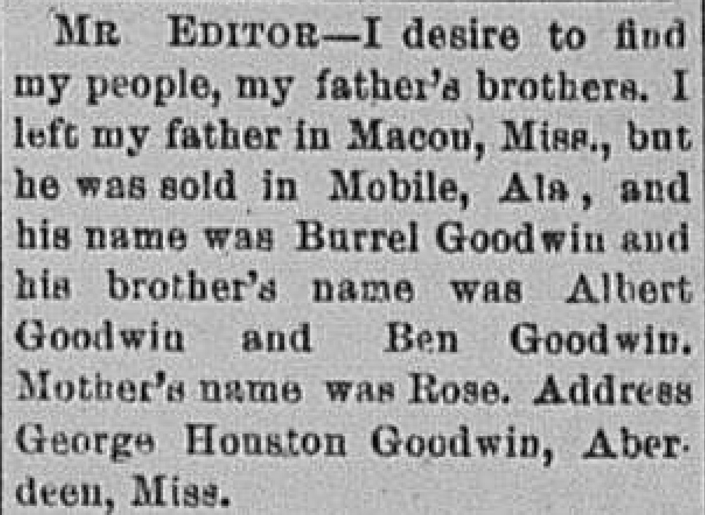 George Houston Goodwin seeking his uncles Albert and Ben Goodwin