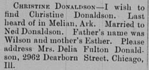 Mrs. Delia Fulton Donaldson searching for Christine Donaldson