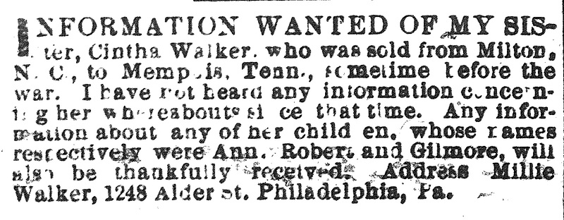 Millie Walker seeking information about her sister Cintha Walker