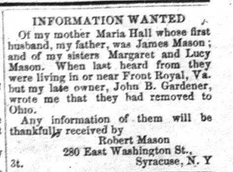 Robert Mason searching for mother Maria Hall and sisters Margaret and Lucy Mason