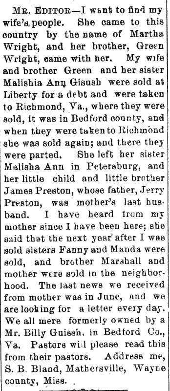 S. B. Bland seeking information about his wife Martha Wright&#039;s people