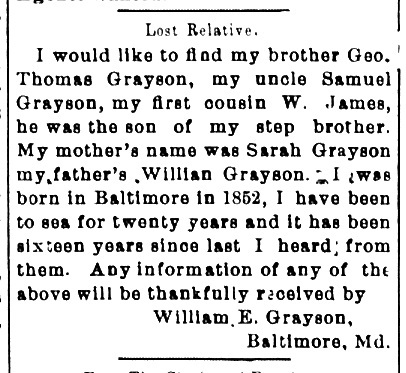 William E. Grayson seeking his brother Geo. Thomas Grayson and extended family