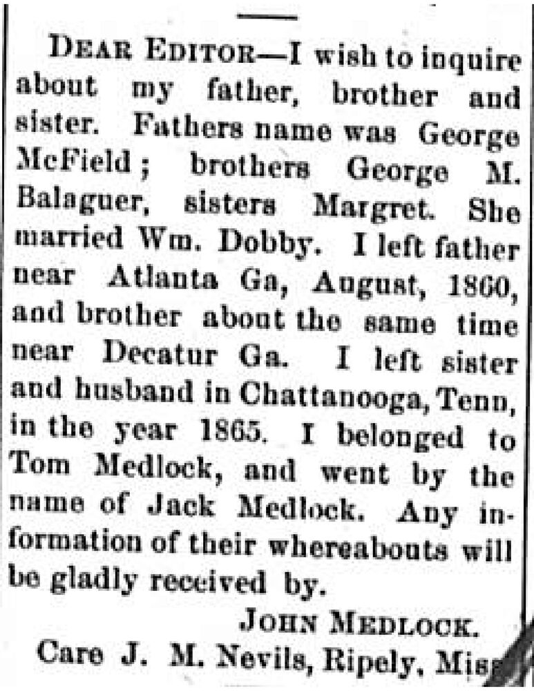 John Medlock (formerly Jack Medlock) searching for his father George McField and his siblings