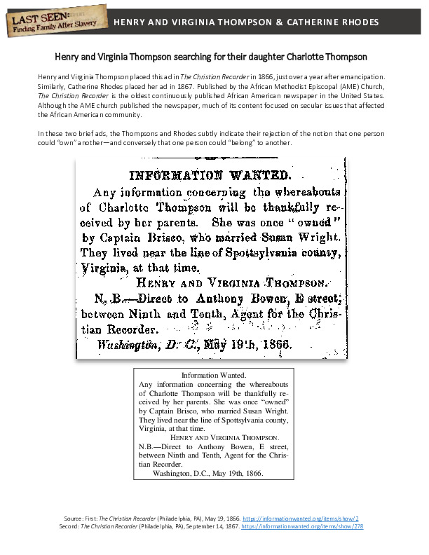 Henry and Virginia Thompson and Catherine Rhodes search for their respective children