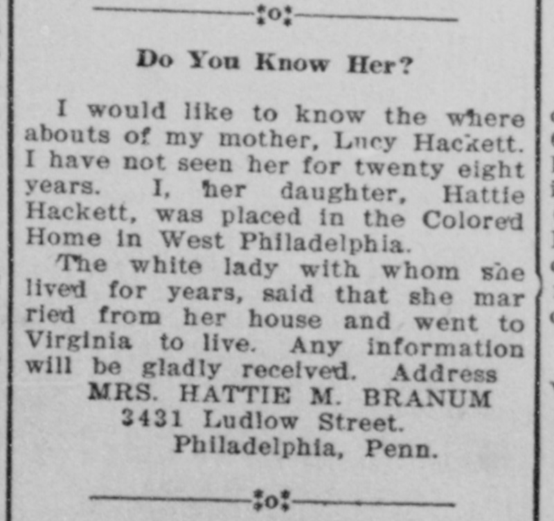 Mrs. Hattie M. Branum (formerly Hattie Hackett) searching for her mother Lucy Hackett