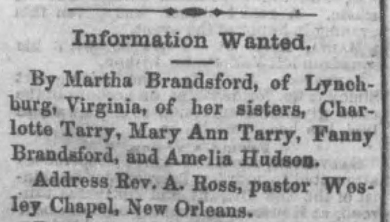 Martha Brandsford searching for her sisters Charlotte Tarry, Mary Ann Tarry, Fanny Brandsford, and Amelia Hudson