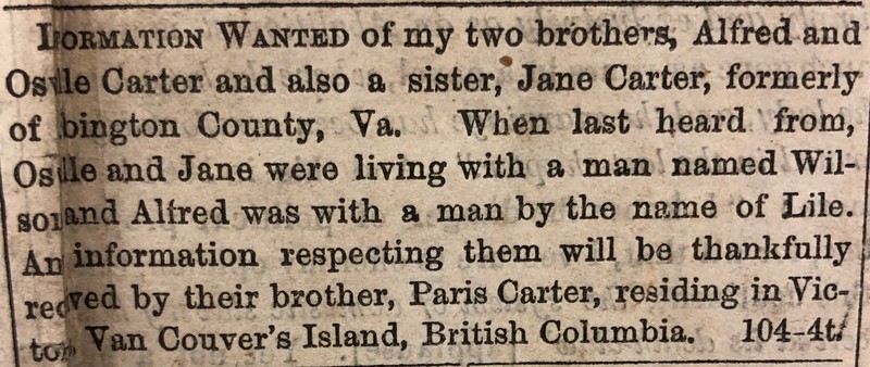 Paris Carter searching for his siblings Alfred, Osville, and Jane Carter