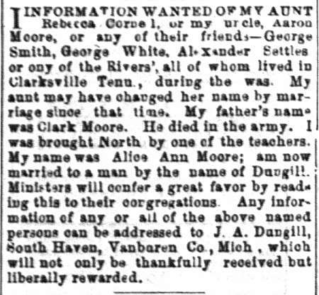 Alice Ann Dungill (formerly Alice Ann Moore) looking for her aunt Rebecca Cornel or uncle Aaron Moore