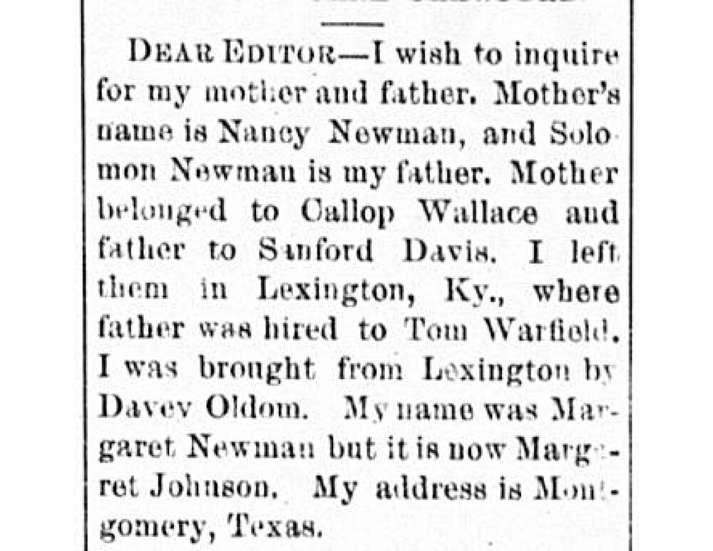 Margaret Johnson (formerly Margaret Newman) searching for her parents Nancy and Solomon Newman