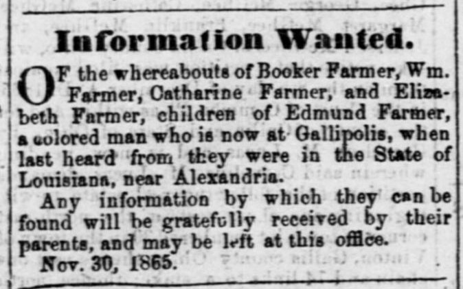 Edmund Farmer searching for his children Booker, William, Catharine, and Elizabeth Farmer