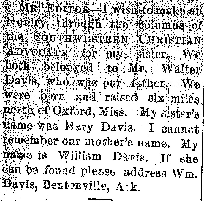 William Davis seeking sister Mary Davis