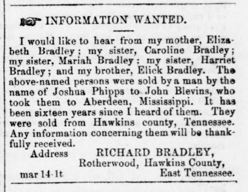 Richard Bradley searching for his mother Elizabeth Bradley, sisters, and brother