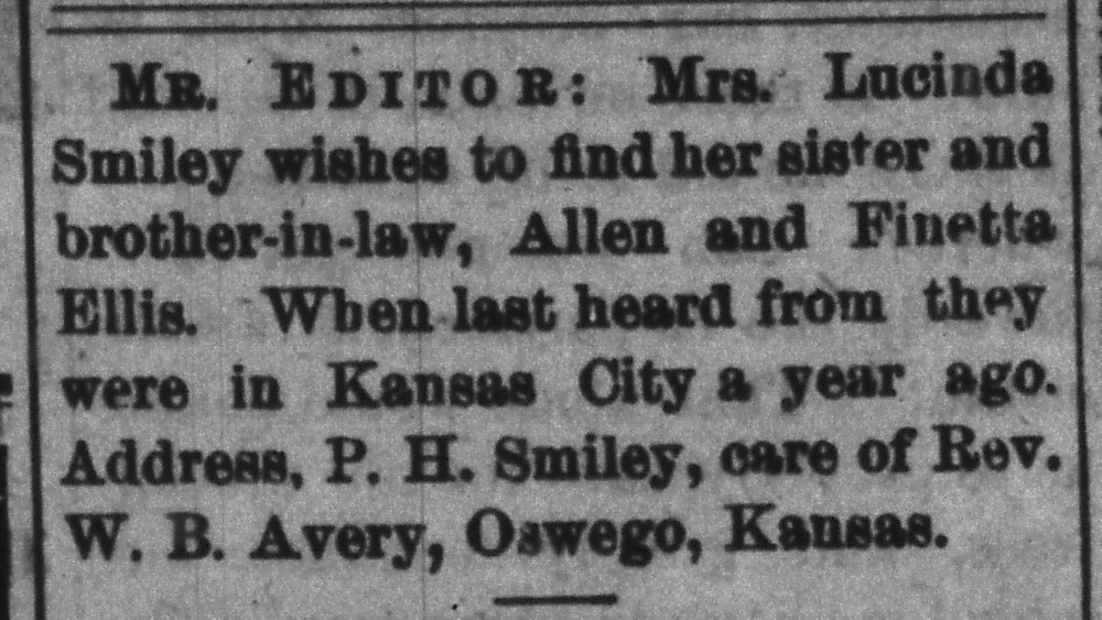 Mrs. Lucinda Smiley seeking Allen and Finetta Ellis