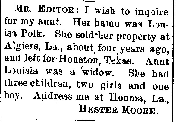 Hester Moore looking for his aunt Louisa Polk