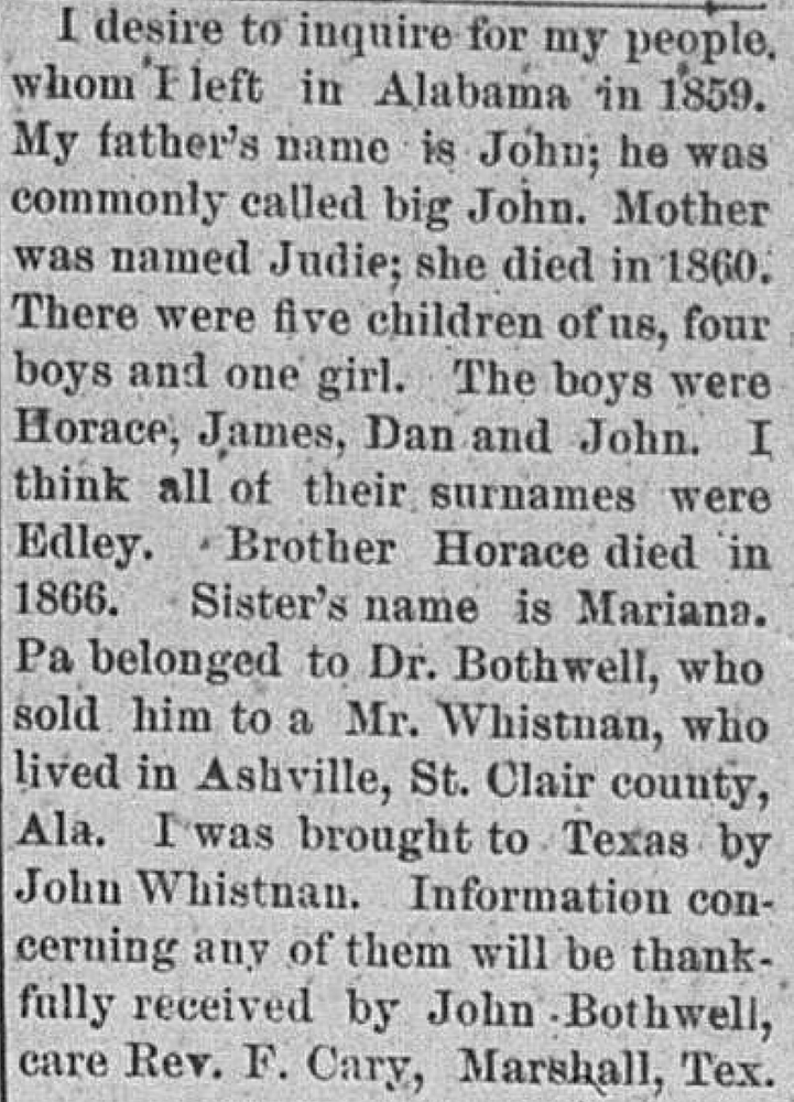 John Bothwell searching for his father John and siblings James, Dan, and Mariana Edley