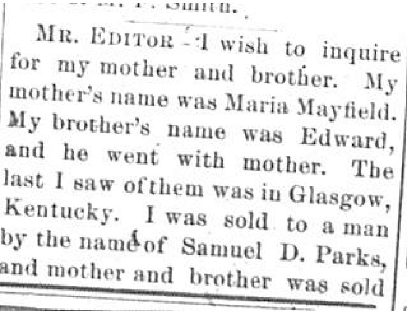 Mrs. Jane Jackson searching for her mother Maria Mayfield and brother Edward