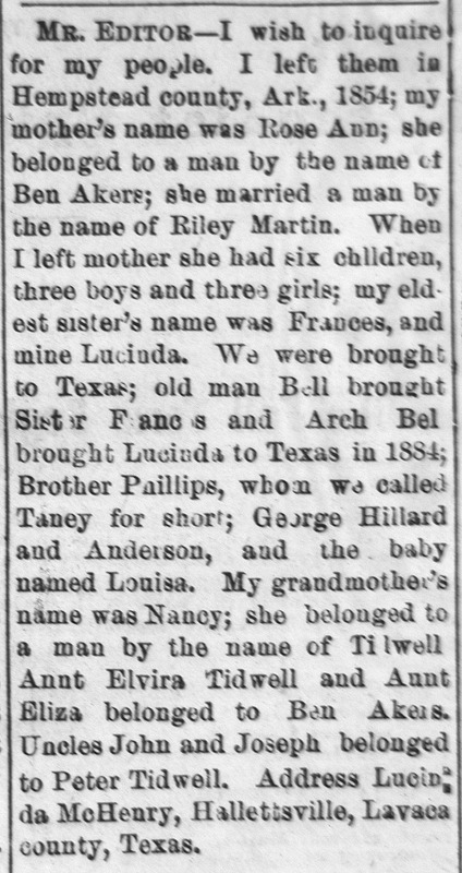 Lucinda McHenry searching for her mother and six siblings