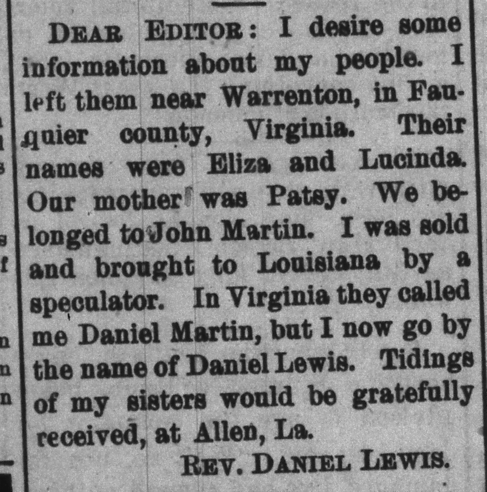 Reverend Daniel Lewis (formerly Daniel Martin) seeking his sisters Eliza and Lucinda