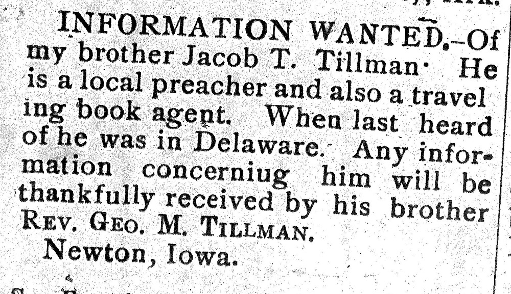 Rev. Geo. M. Tillman looking for brother Jacob T. Tillman