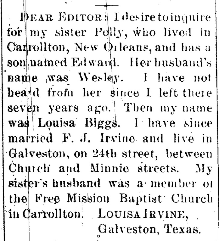 Louisa Irvine (formerly Louisa Biggs) looking for her sister Polly